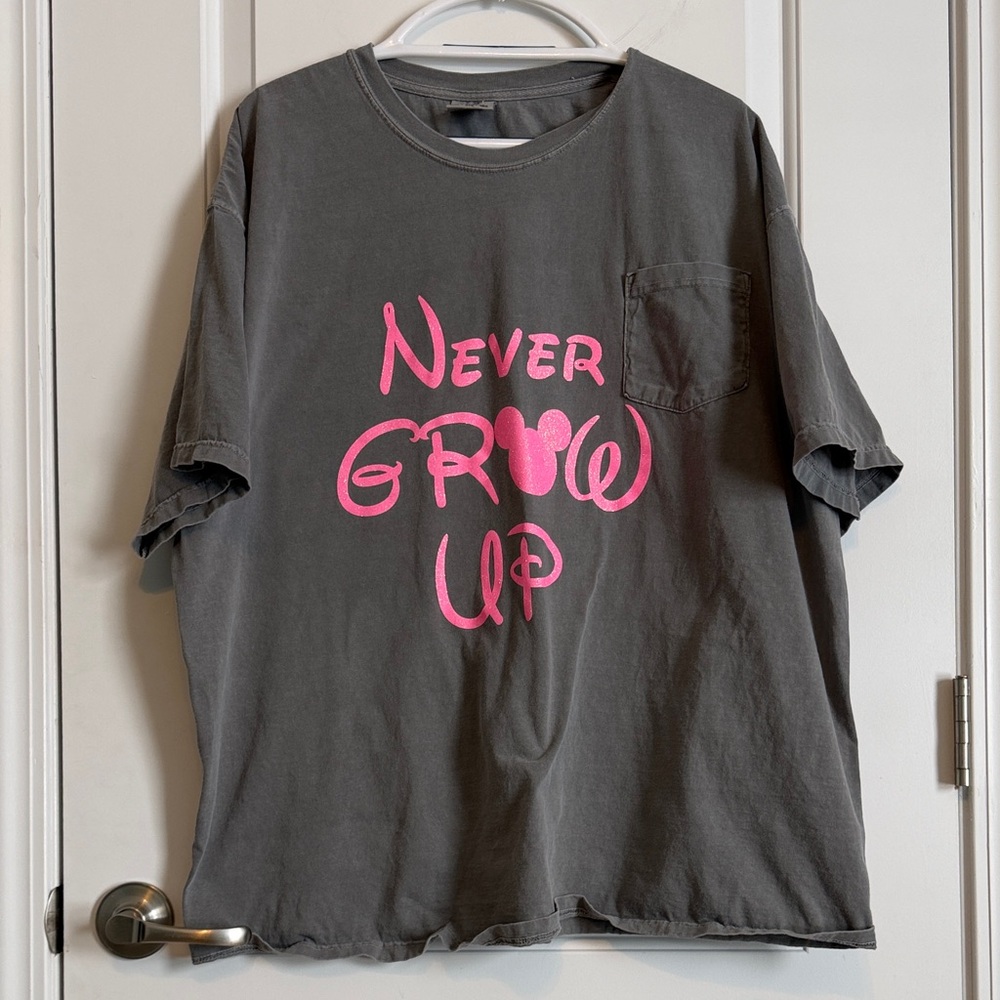 Comfort Colors Charcoal Disney Themed Tee “Never Grow Up”